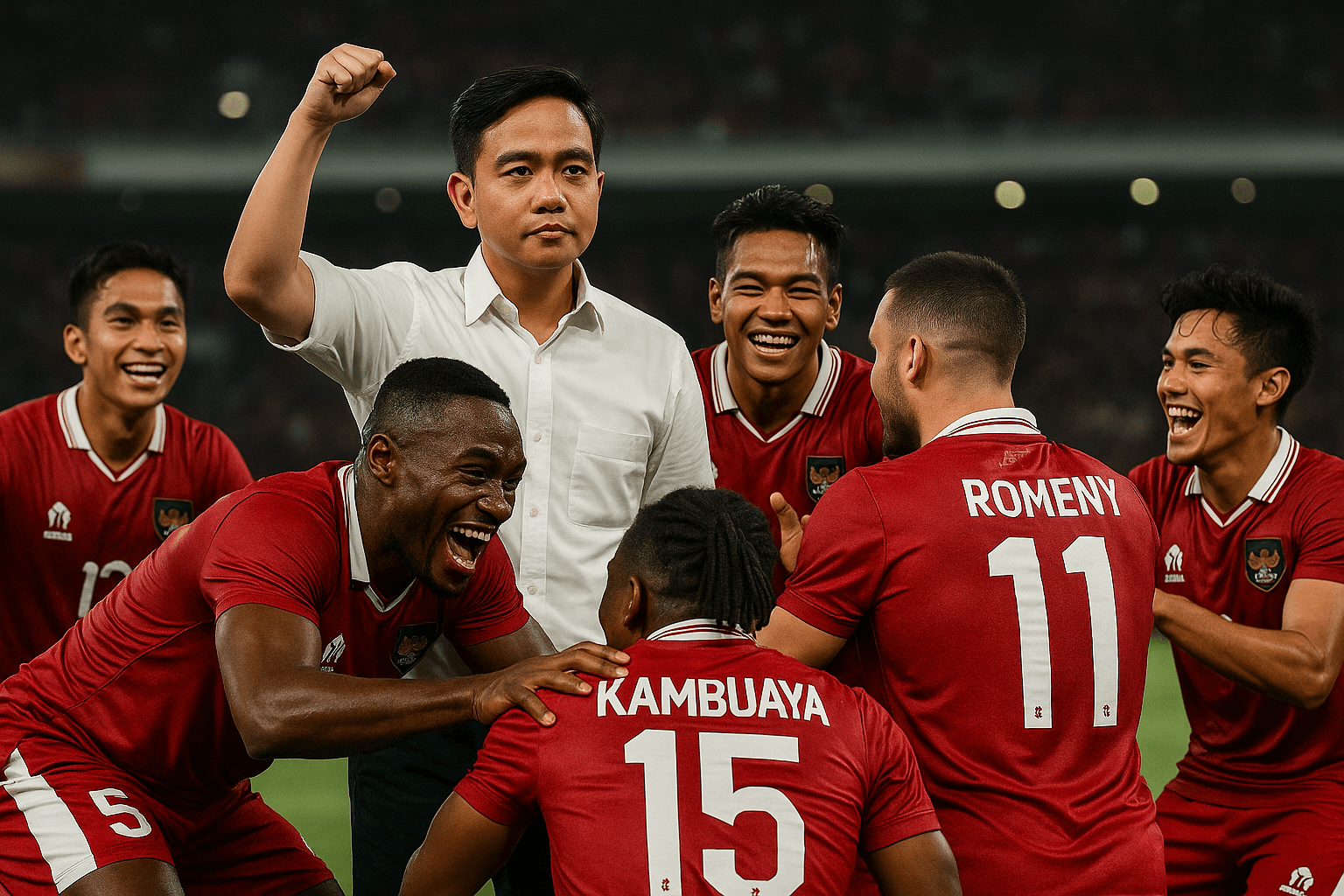 Wakil Presiden Gibran Rakabuming Raka memberi semangat kepada Timnas Indonesia usai kemenangan atas China dalam Kualifikasi Piala Dunia 2026