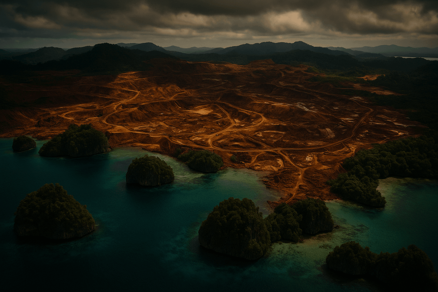 Representasi visual dari aktivitas ekstraktif tambang nikel di wilayah insuler Raja Ampat, memperlihatkan degradasi ekologis signifikan yang timbul akibat eksploitasi sumber daya mineral pada ekosistem pulau kecil yang rentan kecil Raja Ampat yang tampak rusak parah oleh eksploitasi pertambangan, dikelilingi hutan tropis dan perairan biru kehijauan