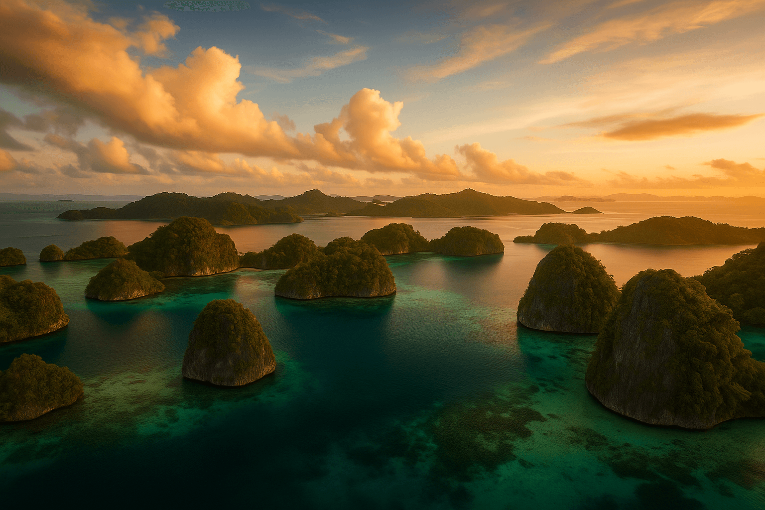 Panorama dramatis gugusan pulau Raja Ampat dengan air laut bergradasi biru kehijauan, dikelilingi tebing karst, terumbu karang tropis, dan awan lembut di bawah cahaya senja