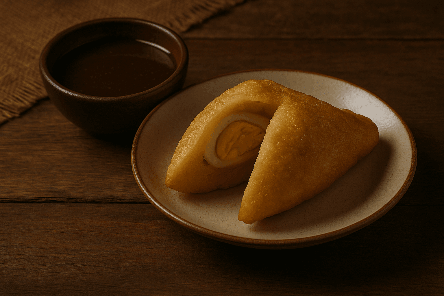 Pempek kapal selam Palembang yang disajikan dengan cuko kental berwarna coklat tua dalam mangkuk, di atas meja kayu dengan nuansa tradisional.