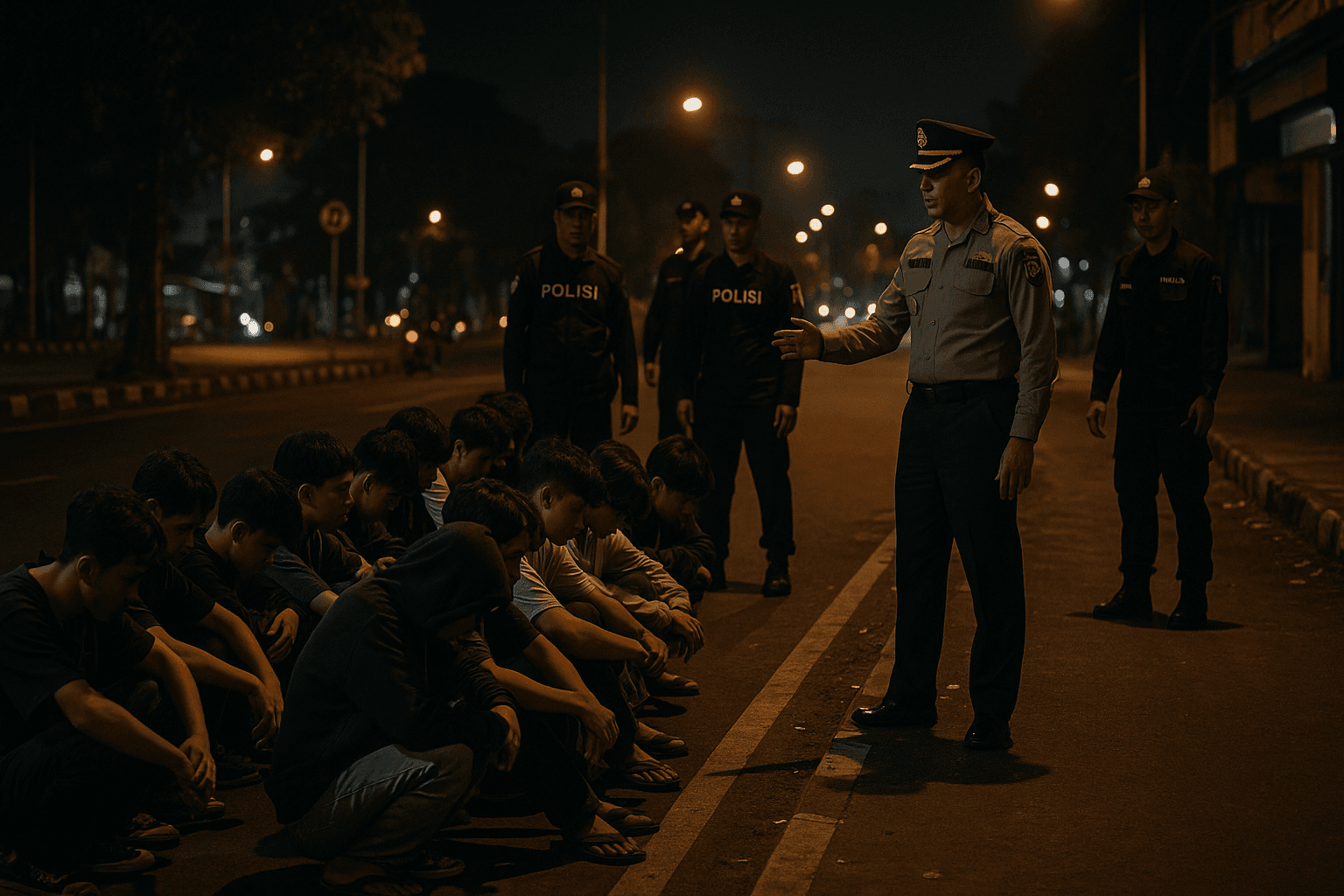 Polisi menertibkan remaja saat razia malam di Cirebon, remaja duduk di trotoar, petugas berdiri memberikan arahan di tengah keramaian jalanan sepi.
