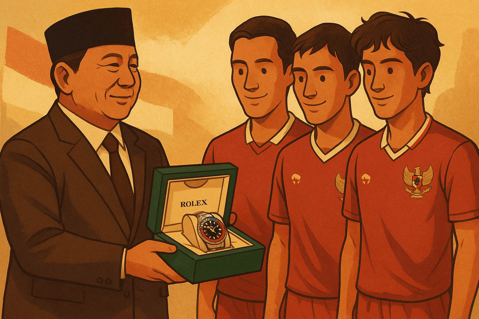 Presiden Prabowo Subianto memberikan jam tangan mewah Rolex kepada pemain Timnas Indonesia usai kemenangan atas China.